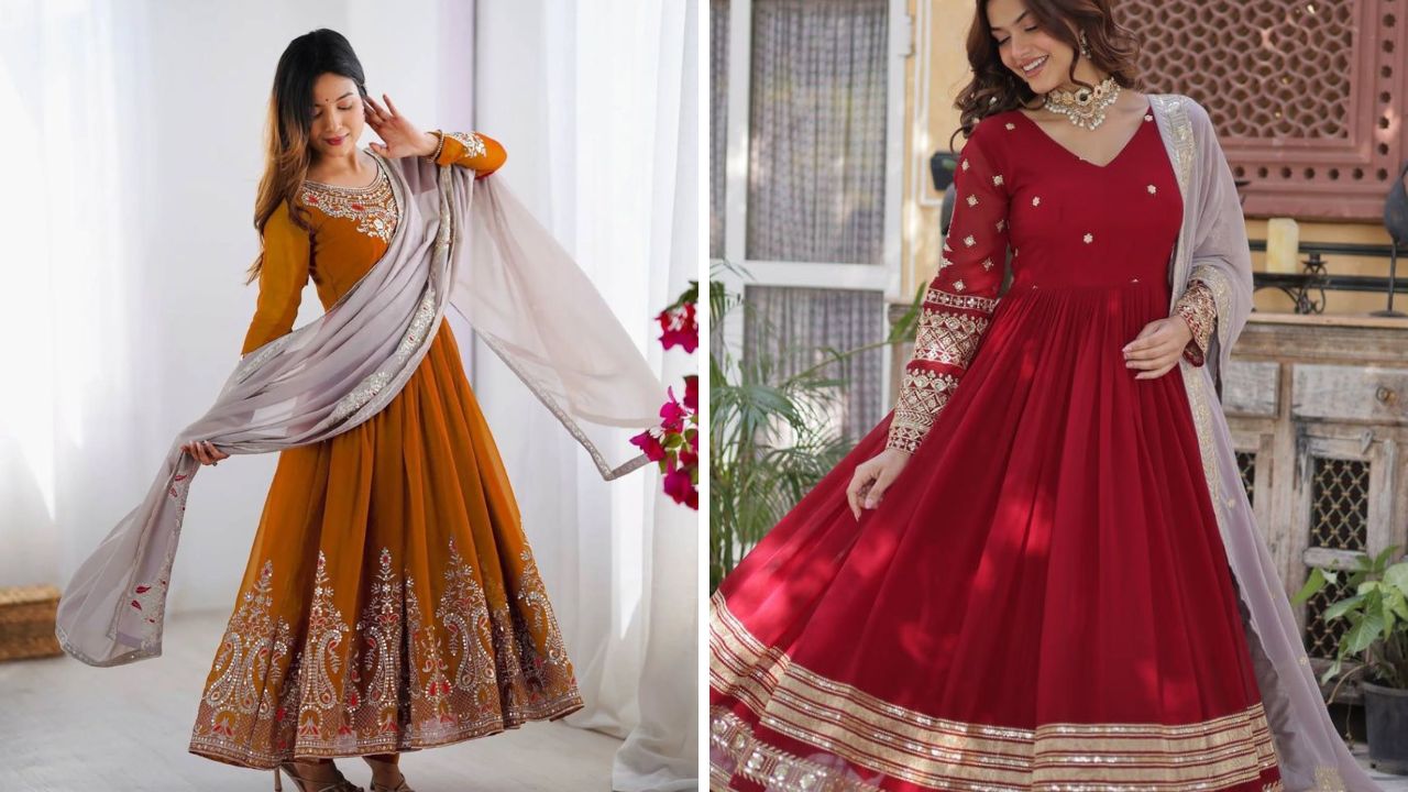 थ्रेड वर्क वाला अनारकली सूट- आप किसी भी फंक्शन के मौके पर इस डिजाइन का आउटफिट पहन सकते है। यह थ्रेड वर्क के अनारकली सूट वियर करने में अच्छे लगते है वहीं पर सूट में आपको स्लीव्स से लेकर नीचे के घेर में हैवी वर्क डिजाइन मिलेगा। इससे सूट अच्छा लगेगा। इस तरह के सूट को आप किसी भी खास दिन के लिए स्टाइल कर सकती है।