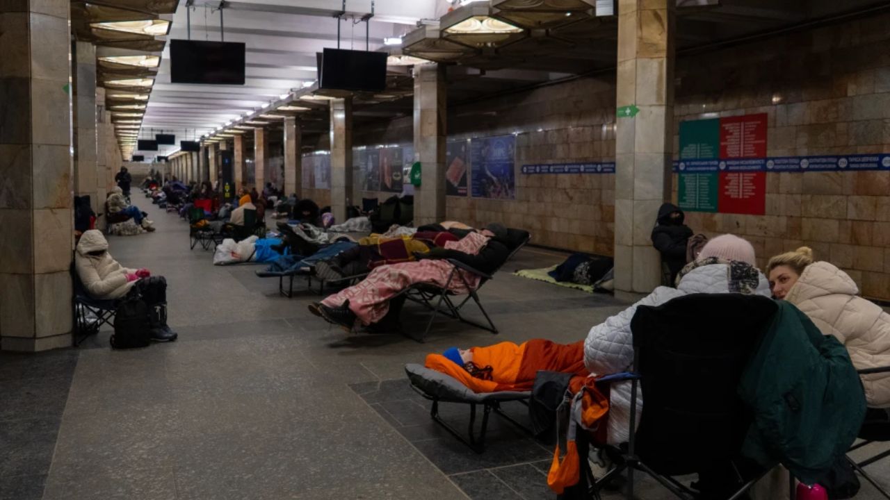 People are taking shelter in a metro station during a Russian drone attack in Kyiv, Ukraine.