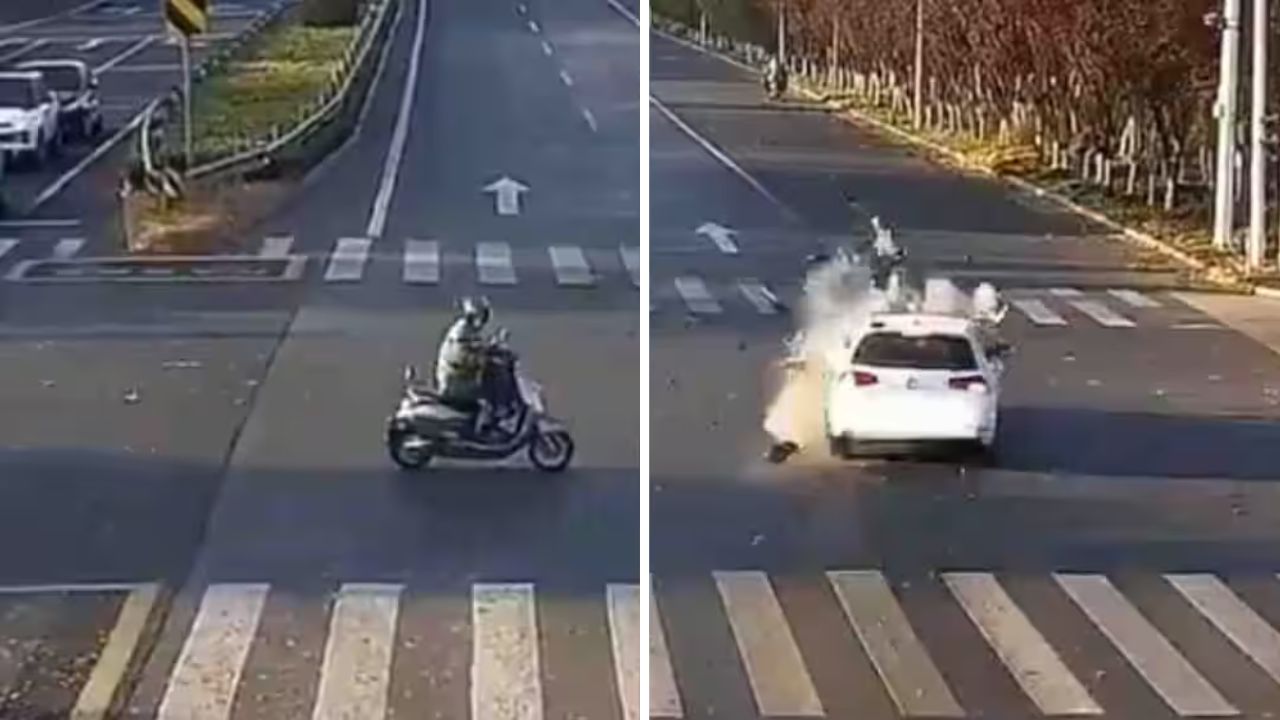 तेज रफ्तार कार की टक्कर से हवा में उड़ा स्कूटर सवार, खौफनाक वीडियो वायरल