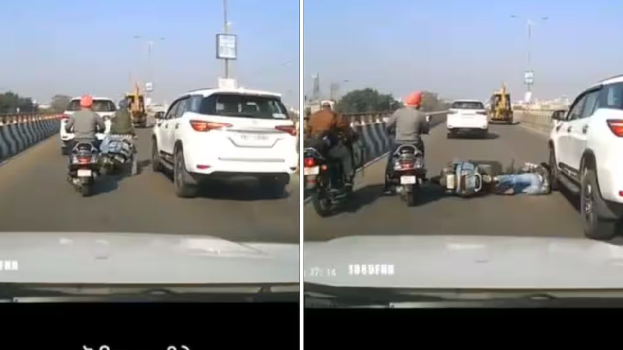 पंजाब में बड़ा हादसा टला, स्कूटर सवार के गिरते ही फॉर्च्यूनर चालक ने बचाई जान; वीडियो वायरल