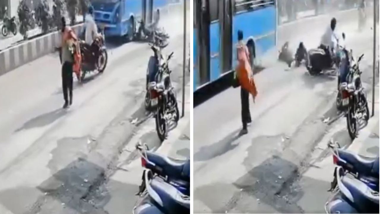 वायरल वीडियो: गलत दिशा में आ रही बाइक बनी मौत की वजह, पीछे से बस ने रौंदा बाइक सवार