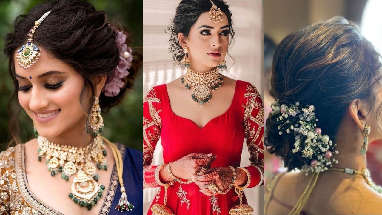 मेसी बन विथ फ्लावर्स ट्रेडिशनल लुक के लिए लो बन या मेसी बन एवरग्रीन है। मांगटीका के साथ जुड़ा बनाकर उसे ताजे फूलों (जैसे मोगरा या गुलाब) से सजाना आपको किसी अप्सरा जैसा लुक देगा। यह हेयरस्टाइल लहंगे और भारी साड़ियों पर खूब जचता है।