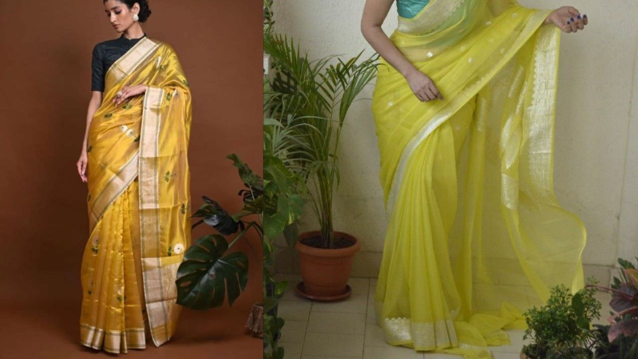 चंदेरी सिल्क: अगर आप पूजा के दौरान एक रॉयल और शालीन लुक चाहती हैं, तो चंदेरी सिल्क बेस्ट है। हल्के हरे या क्रीम कलर की चंदेरी साड़ी पर सुनहरी बॉर्डर बहुत ही शानदार लगती है। यह वजन में काफी हल्की होती है जिससे आप दिन भर के अनुष्ठानों में सहज महसूस करेंगी।