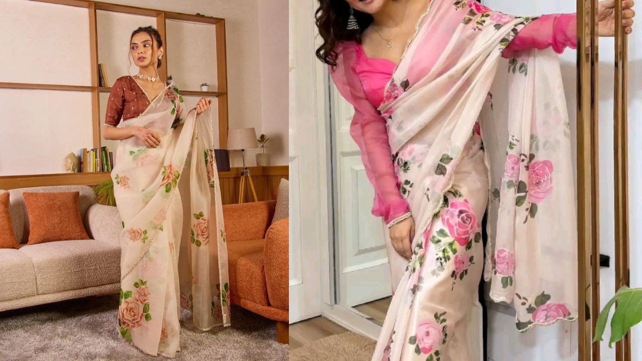 फ्लोरल ऑर्गेन्जा साड़ी: आजकल ऑर्गेन्जा साड़ियां सोशल मीडिया पर खूब ट्रेंड कर रही हैं। महाशिवरात्रि पर आप पिस्ता ग्रीन या लाइट लेमन कलर की फ्लोरल प्रिंट वाली ऑर्गेन्जा साड़ी पहन सकती हैं। यह आपको एक मॉडर्न और फ्रेश लुक देती है।