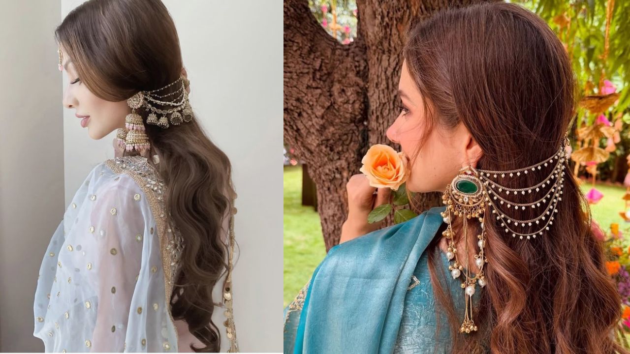 मल्टी-लेयर सहारा झुमके आजकल सहारा स्टाइल यानी कानों के पीछे बालों में लगने वाली चेन वाले झुमके काफी ट्रेंड में हैं। तस्वीर में मोतियों और स्टोन की लेयर्स वाली ये झुमकियाँ न केवल कानों को बल्कि आपके हेयरस्टाइल को भी खूबसूरत बनाती हैं।