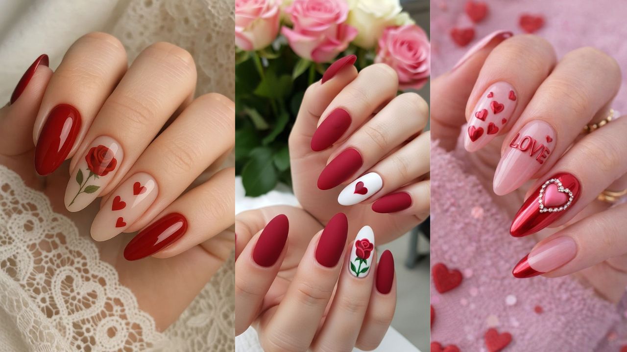 मैट फिनिश वाले नाखून इन दिनों काफी ट्रेंड में हैं। बरगंडी या डीप रेड मैट बेस पर वेलवेट टच गिलिटर वाले डिजाइन्स आपकी उंगलियों को एक मखमली और लग्जरी लुक देते हैं।