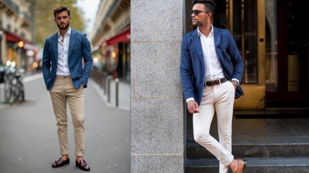 रात की डिनर डेट के लिए नेवी ब्लू ब्लेजर और टैन (Tan) या बेज कलर की चिनोज पैंट एक किलर कॉम्बिनेशन है। यह कलर पैलेट पुरुषों पर बहुत मैच्योर और स्टाइलिश लगता है। इसे ब्राउन लोफर्स के साथ पूरा करें।