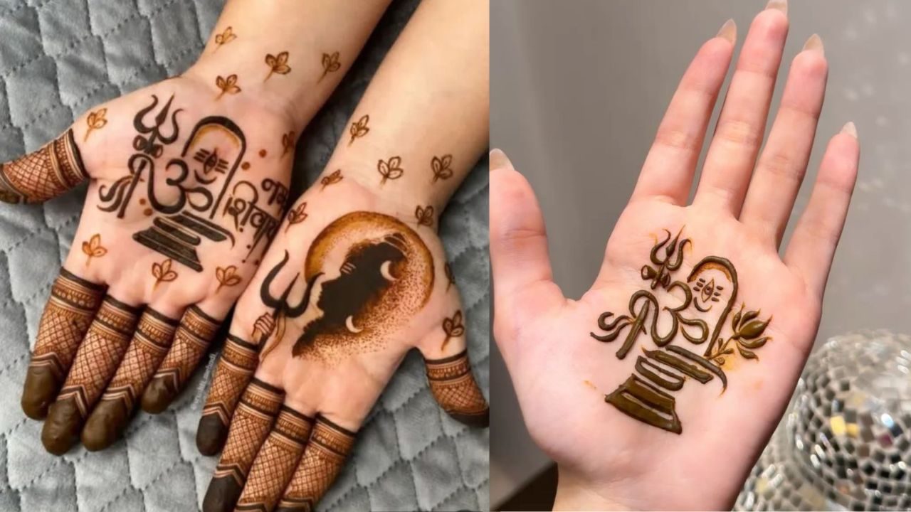 शिवलिंग और बेलपत्र डिजाइन हथेली पर शिवलिंग की आकृति बनाकर उसके चारों ओर बेलपत्र की बेल (Vines) बनाना बहुत शुभ माना जाता है। बेलपत्र के बारीक पैटर्न उंगलियों पर बहुत जंचते हैं।