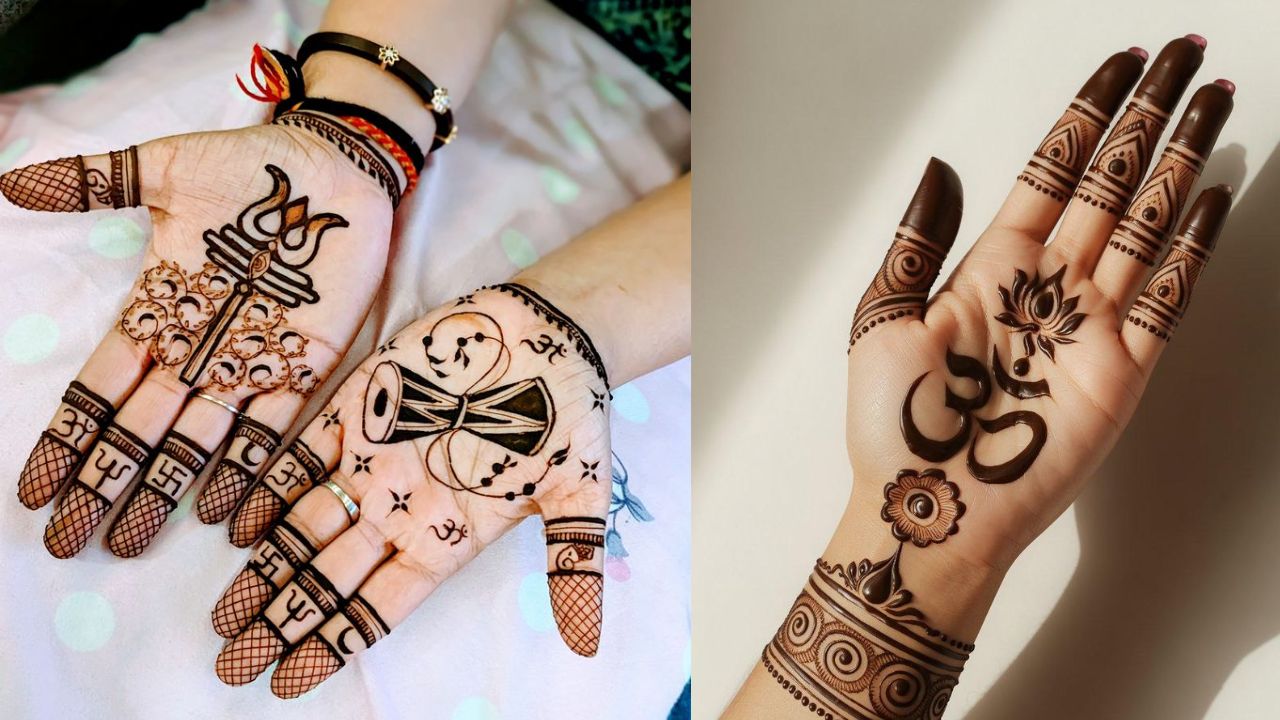 त्रिशूल, डमरू और ॐ अगर आपको भारी मेहंदी पसंद नहीं है, तो आप कलाई या हथेली के केंद्र में त्रिशूल और डमरू बनवा सकती हैं। त्रिशूल के साथ लिपटी हुई 'नाग' की आकृति और ऊपर बना 'ॐ' मंत्र न केवल देखने में सुंदर लगता है, बल्कि धार्मिक महत्व भी रखता है।
