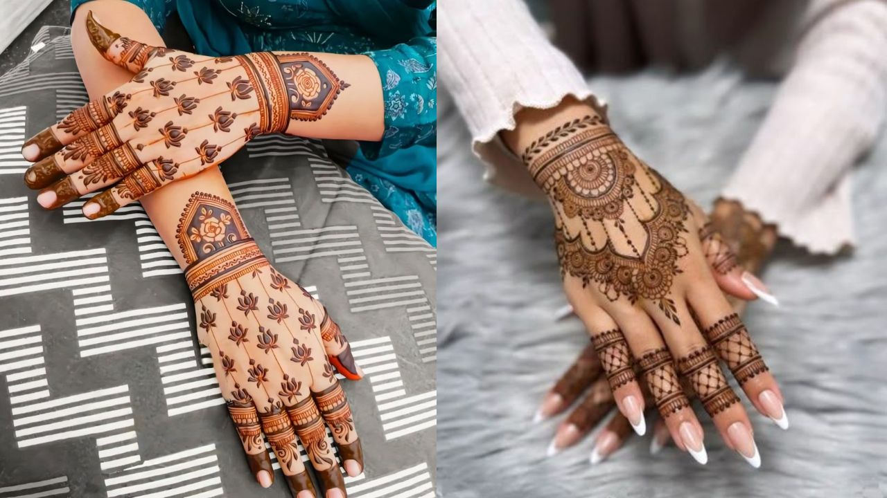 अरेबिक और मंडला फ्यूजन अगर आप ट्रेडिशनल डिजाइन चाहती हैं, तो मंडला आर्ट के बीच में अर्धचंद्र और भगवान शिव की परछाई बनवा सकती हैं। यह डिजाइन डार्क रचने पर बेहद आकर्षक लगता है।